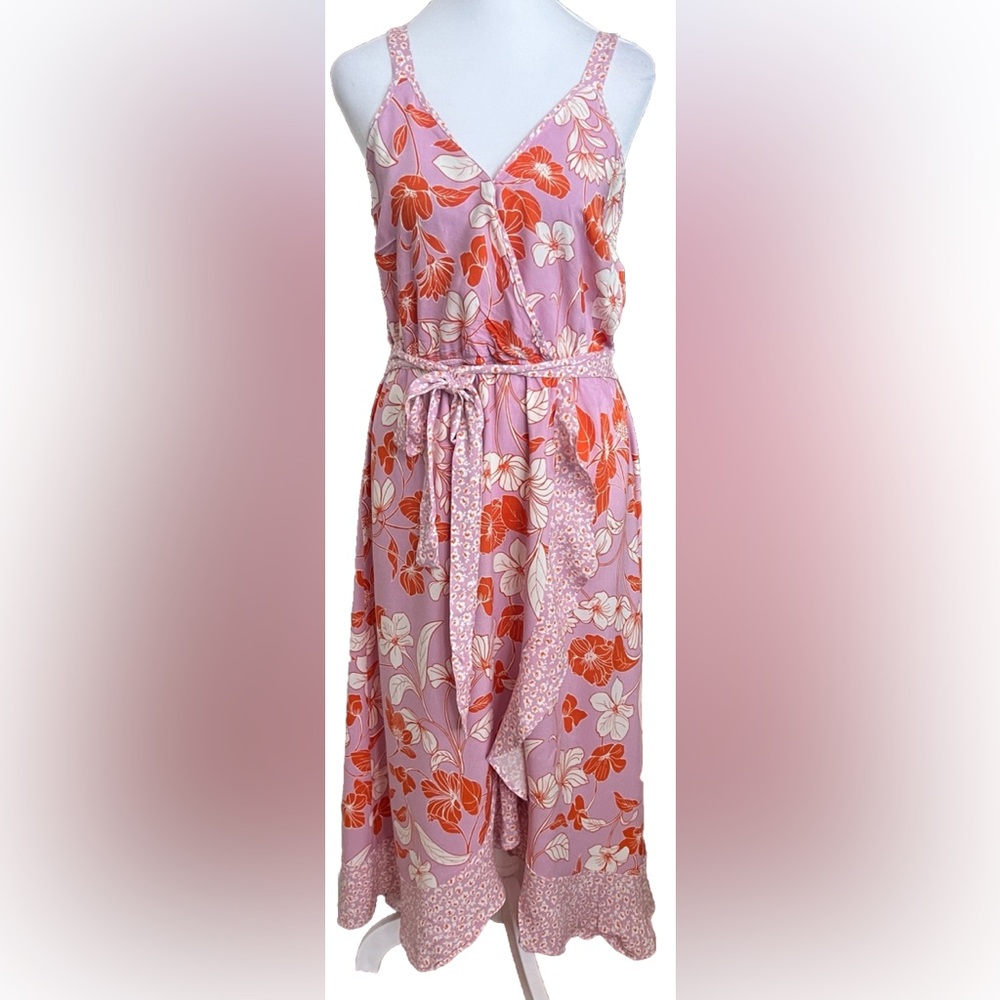NAIF Lavender Pink Orange Floral Tropical Rayon Midi Dress Sun Dress Size Medium